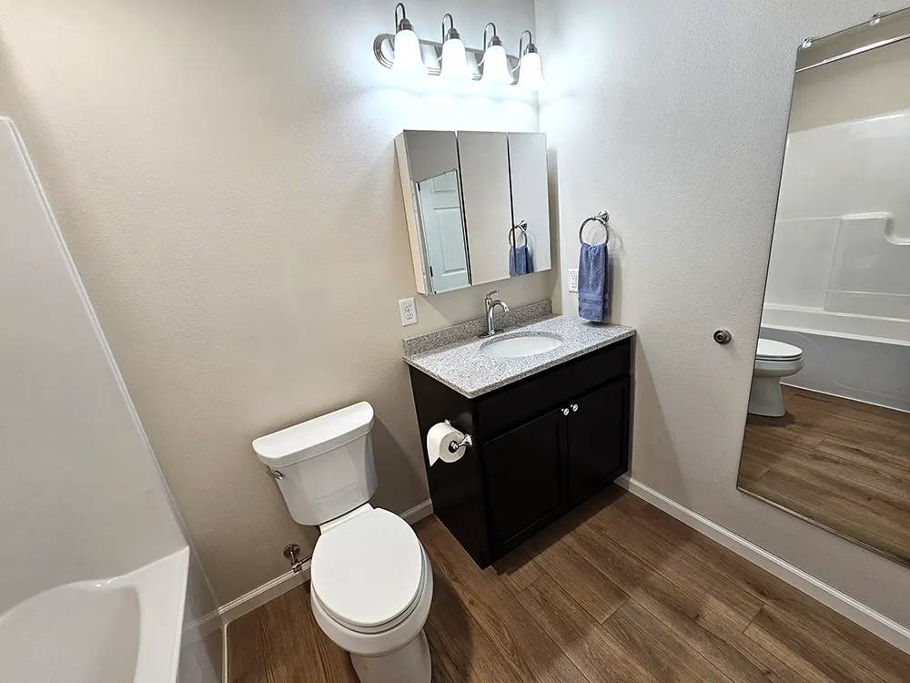 A well-lit bathroom highlighted by a four-light vanity, tri-fold mirror, and a large wall mirror, complemented by a quartz-topped cabinet and sink.